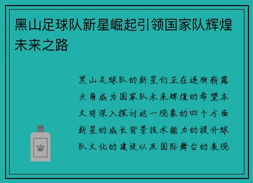 黑山足球队新星崛起引领国家队辉煌未来之路