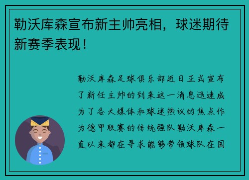 勒沃库森宣布新主帅亮相，球迷期待新赛季表现！