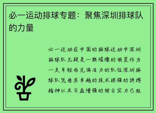 必一运动排球专题：聚焦深圳排球队的力量